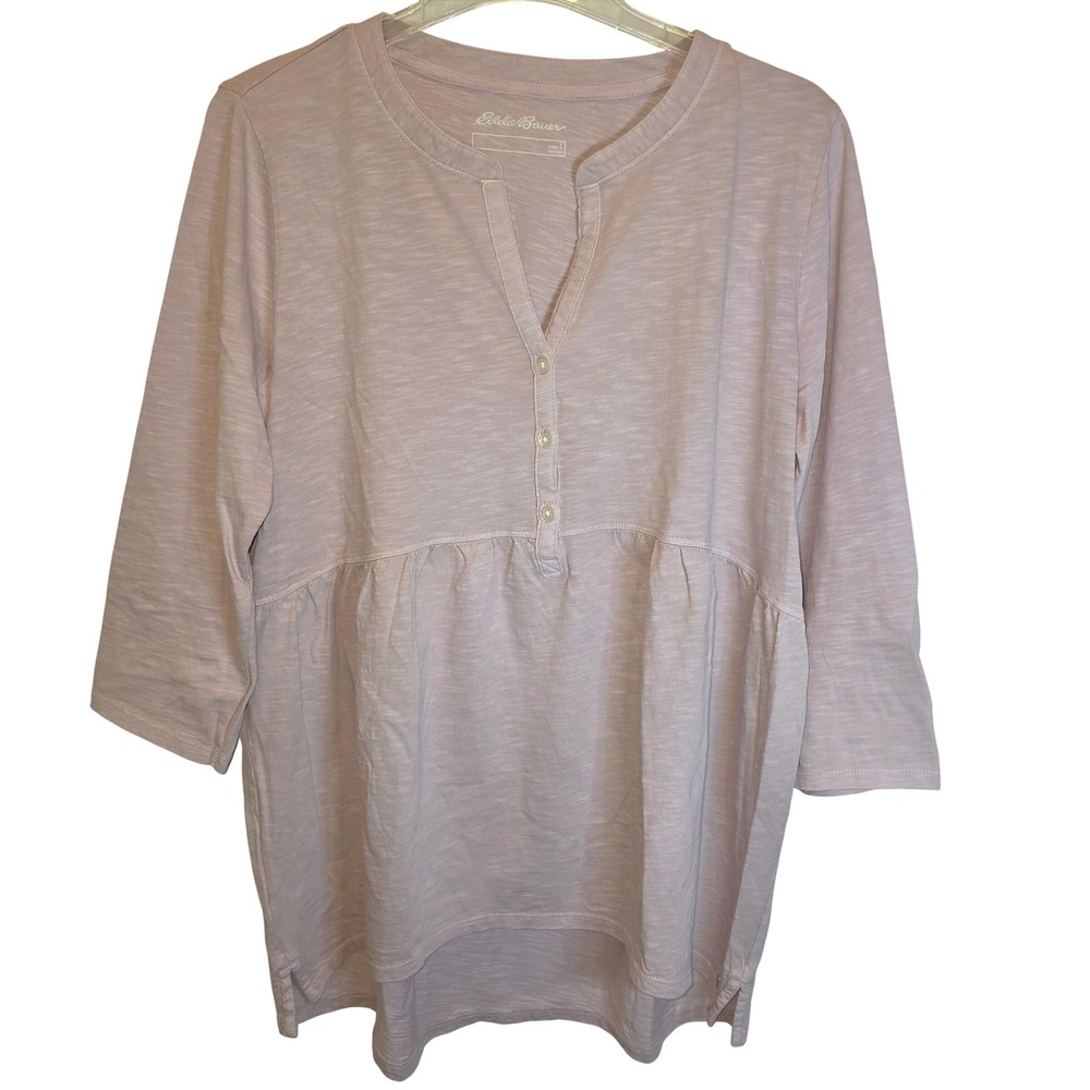 Eddie Bauer Babydoll Peplum 3/4 Sleeve Button Top Womens Large Pink Cotton Slub